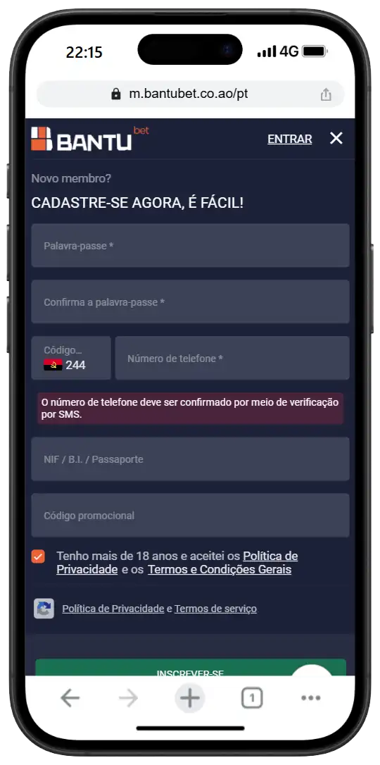 tela iphone bantubet angola criar conta 01